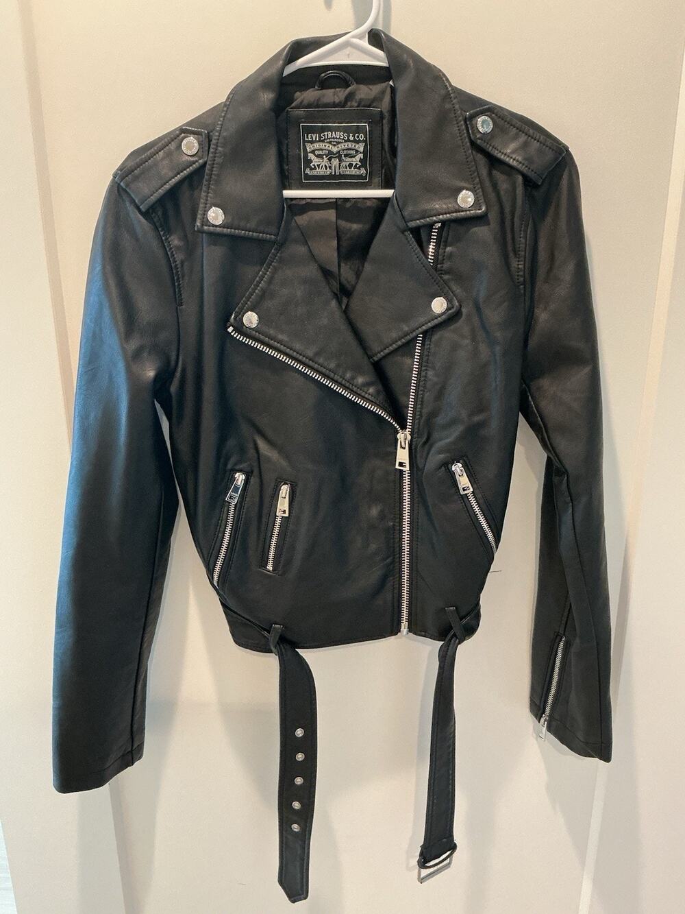 Levi’s Faux Leather Jacket Motorcycle Black Biker Zip Snap Belt Women's Size M